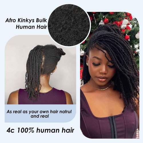 Afro Kinkys Bulk Human Hair,24 Inch 50g/Pack Afro Kinky-Curly Human Hair Bulk for Mini Twist, 4C Bulk Human Braiding Hair For Micro,Crochet,Repair, Dreadlocks,Locs Extensions