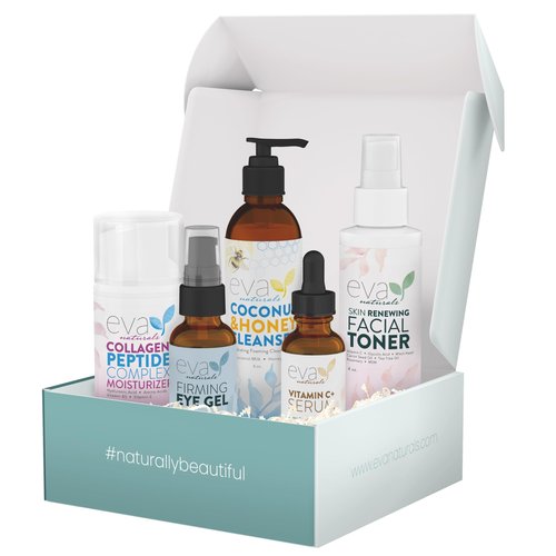 Eva Naturals Rejuvenating Skincare Set – 5-in-1 Routine with Cleanser, Toner, Vitamin C Plus Serum, Eye Gel and Collagen Peptide Moisturizer for Face, Anti-Wrinkle, Dark Spots, Acne and Skin Replenish