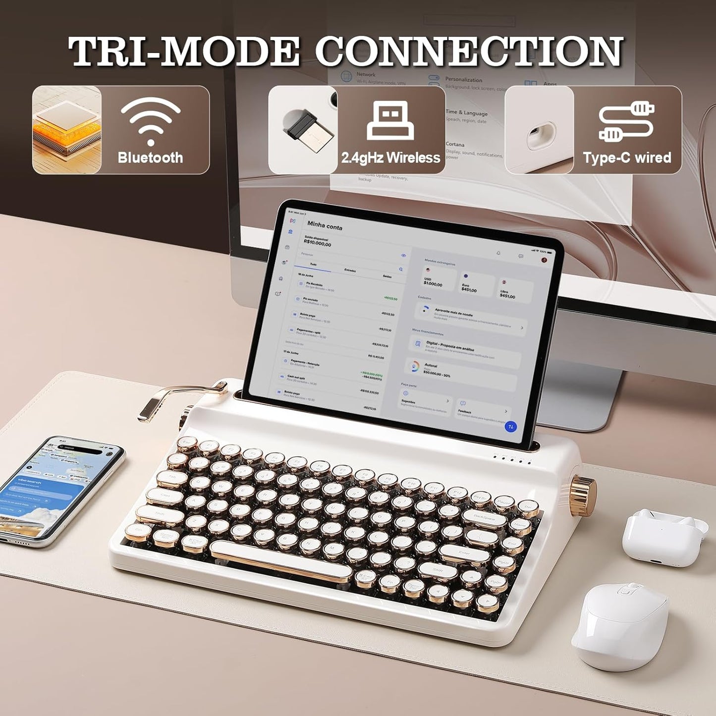 YUNZII QL75 Wireless Typewriter Hot Swap Retro Mechanical Keyboard,Punk Round Keycaps,RGB Backlit QMK/VIA Programmable, Multi-Device Keyboard with 2.4GHz/Type-C/BT5.0 (Wood, Cocoa Cream V2 Switch)