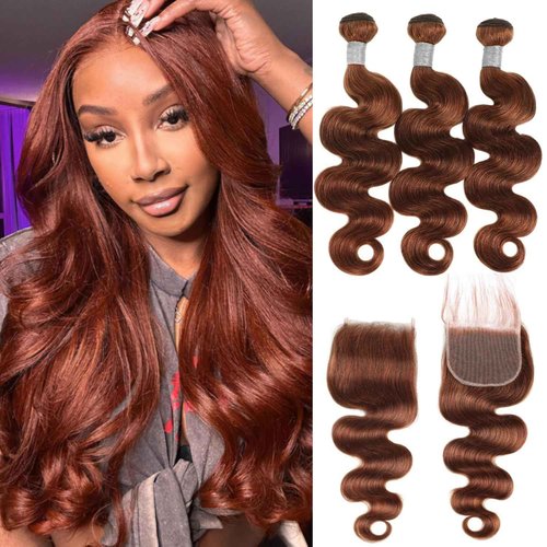 Light Reddish Brown Bundles with Closure Human Hair Body Wave, Color 30 Copper Brown 12A Brazilian Raw Virgin Human Hair 3 Bundles with 4x4 Closure Loose Wavy Quick Sew In Weave 10 12 14+10 Inch