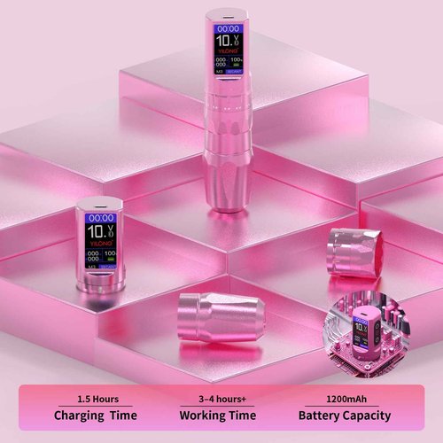 Wireless Tattoo Pen Machine Kit - Adjustable 6-Stroke Tattoo Machine with 1200mAh Power Supply and Digital LCD Display Rotary Tattoo Machine/Tattoo Starter Kit for Beginners (Pink)