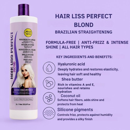 Professional Purple Keratin Treatment | Formaldehyde-Free Brazilian Straightening for Blonde, Grey & Bleached Hair | With Hyaluronic Acid, Ojon Oil, Shea Butter, Silicones & Bio Restore (33.8 fl /1L)