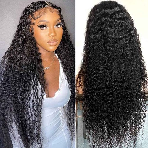SYHGK 13x6 Deep Wave Lace Front Wigs Human Hair Wigs HD Transparent Deep Curly Lace Frontal Glueless Wigs Human Hair Lace Front Wigs Pre Plucked 200% Density Natural Black 24 Inch