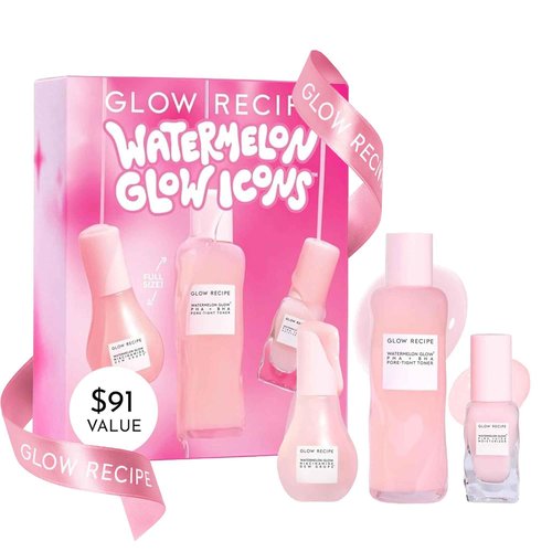 Glow Recipe Watermelon Glow Icons Skin Care Gift Set - Niacinamide Dew Drops Face Serum (40ml) + PHA + BHA Pore Minimizing Toner with Hyaluronic Acid (150ml) + Pink Juice Facial Moisturizer (25ml)