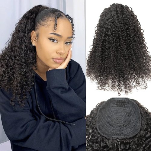 SPIKFN Ponytail Extension Human Hair Curly Ponytail Extension for Black Women Long Afro Puffs Hair Buns Drawstring Ponytail Human Hair (16 Inch #1B Natural Black)