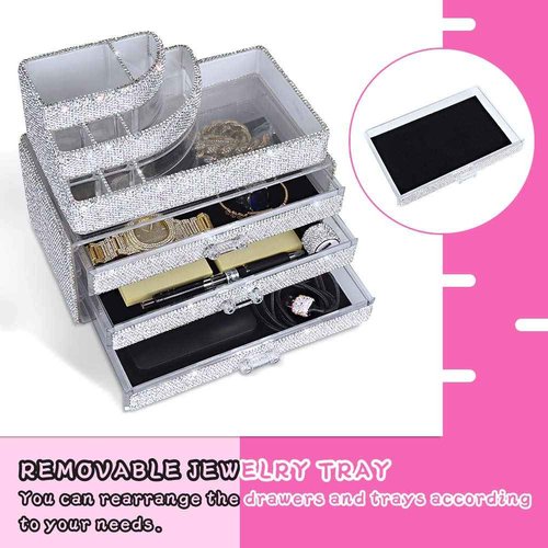 KEYPOWER Bling Rhinestone Makeup Cosmetic Jewelry Organizers Drawer & Remote control Holder(White)
