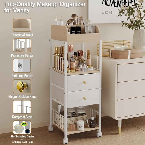 Floor Makeup Organizer Storage Cart - Rolling Makeup Cart with Drawers, Skincare Make Up Organizers and Storage, Cosmetics Display Cases Holder for Skin Care Nail Polish Perfume Makeup Brush (White)