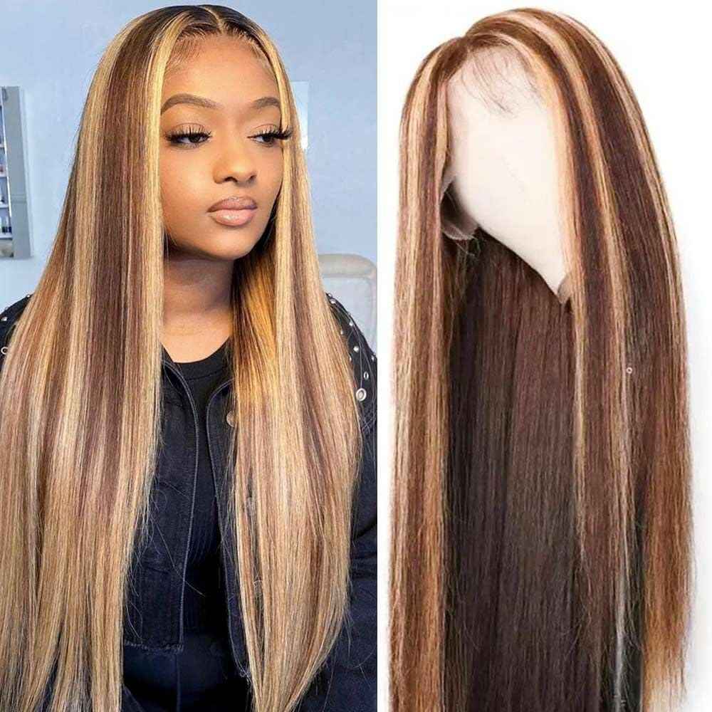 IMANI HAIR Highlight Ombre Lace Front Wig Human Hair For Black Women Honey Blonde 13x4 HD Transparent 4/27 Straight Pre Plucked with Baby (24 inch, p4/27 Highlight)