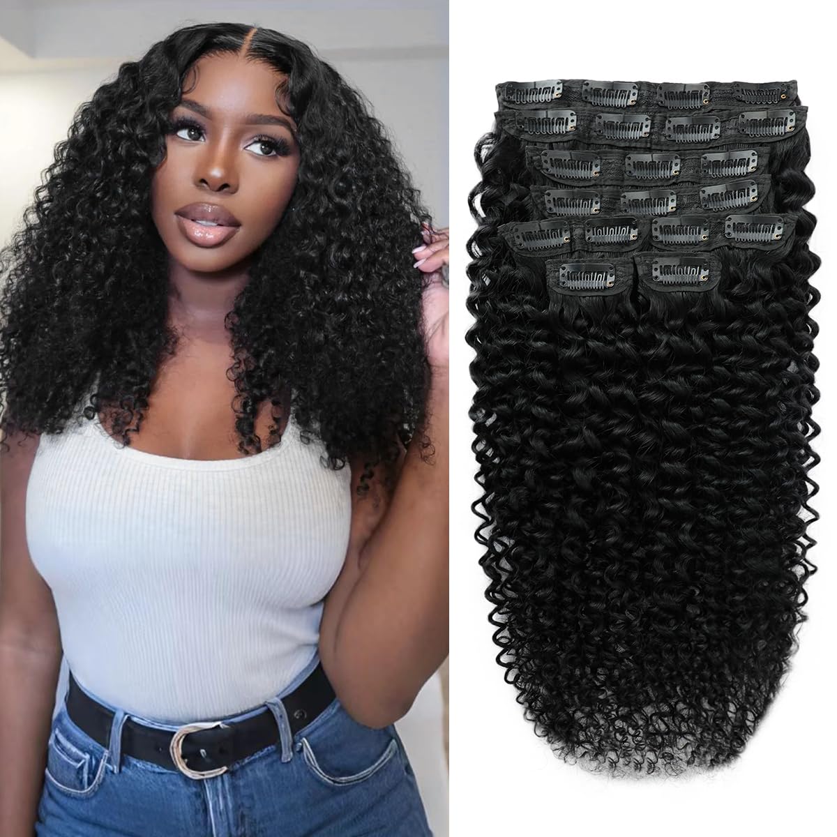 3C 4A Curly Clip In Hair Extensions Real Human Hair 24 Inch 110g 8pcs Kinky Curly Clip Ins Full Head for Black Women 100% Brazilian Remy Human Hair Extensions Natural Color with 20 Clips