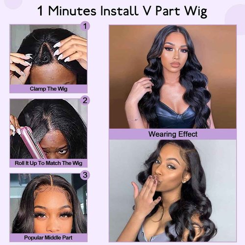 Long Wavy V Part Wigs For Black Women, Wear&Go Upgrade U Part Wig, Glueless Half Wig Heat Resistant Synthetic Hair Soft As Human Hair (24 Inch) (Natural Black, 24 Inch)