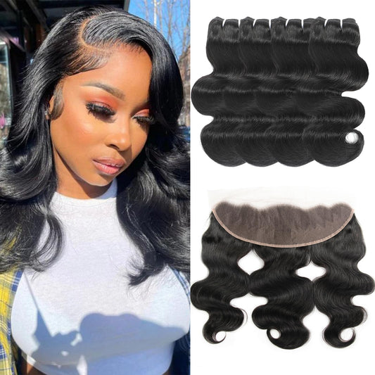 Human Hair Bundles with Frontal (14 14 16 16+14Frontal) 12A Body Wave Bundles with Frontal 13x4 HD Lace Frontal Brazilian Virgin Hair 4 Bundles with Frontal 150% Density Natural Color