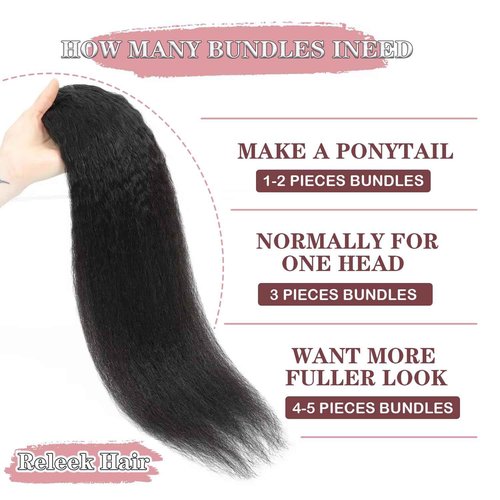 Releek Kinky Straight Hair Bundles Yaki Straight 3 Bundles Human Hair 16 18 20 Inch 12A 100% Unprocessed Brazilian Kinkycurly Bundles Human Hair Weave Bundles Human Hair Extensions Natural Black