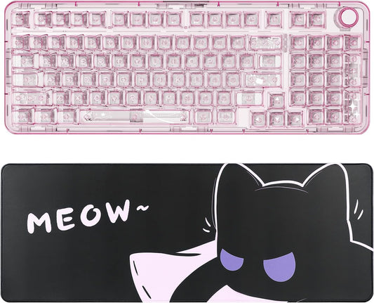 YUNZII X98 QMK/VIA Wireless Mechanical Gaming Keyboard(Pink, Snow Switch), Gaming Mouse Pad(Cool cat, 31.49'' x 11.8'')
