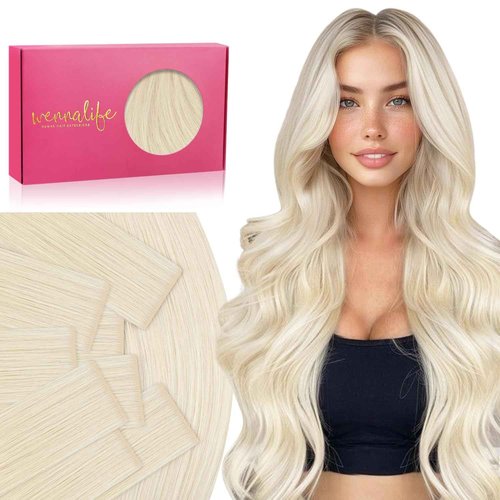 WENNALIFE Invisi Edge Tape in Hair Extensions Human Hair, 18 Inch 50g 20pcs Platinum Blonde Invisible Luxury Remy Hair Extensions Natural Seamless Injected Tape Ins Straight Extensiones De Cabello