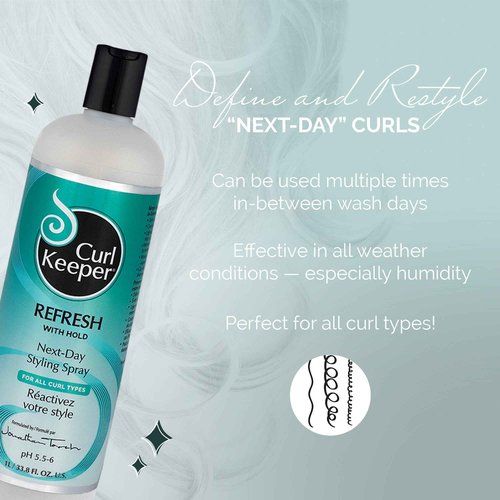 Curl Keeper Refresh Hair Styling Spray - Lightweight Water-Based Anti-Frizz Spray with Hold for Wavy & Curly Styles in Humidity & All Weather Conditions, 33.8 Fl Oz