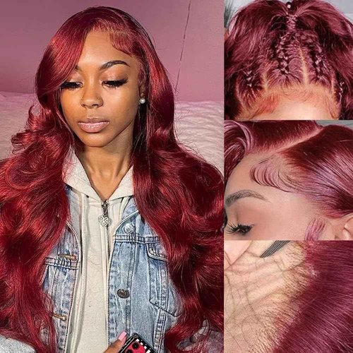 AOSUN 99j Burgundy Body Wave Lace Front Wig, 13x4 HD Lace Frontal Wig, Unprocessed Brazilian Virgin Human Hair, Adjustable Straps, 180 Density