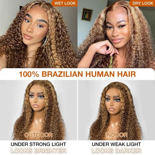 Smilegirl Highlight Glueless Wigs Human Hair Pre Plucked Pre Cut Ombre Honey Blonde Curly Lace Front Wig for Black Women 5x5 HD Lace Closure Wig for Beginners 180 Density