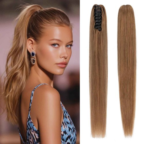 S-noilite Claw Clip Ponytail Extension Human Hair #6 Light Brown Real Remy Human Hair Ponytail Extension 14inch Long Straight Hair Pony Tails Hair Extensions For Women 105Grams