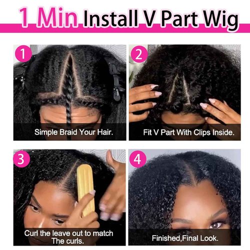 Homgoss Afro Kinky Curly V Part Wigs With Drawstring For Black Women,200% Density Kinky Curly V Part Human Hair Wigs,Upgrade No Sew In & Glueless Design,Beginner Friendly,Natural Black Color(20inch)