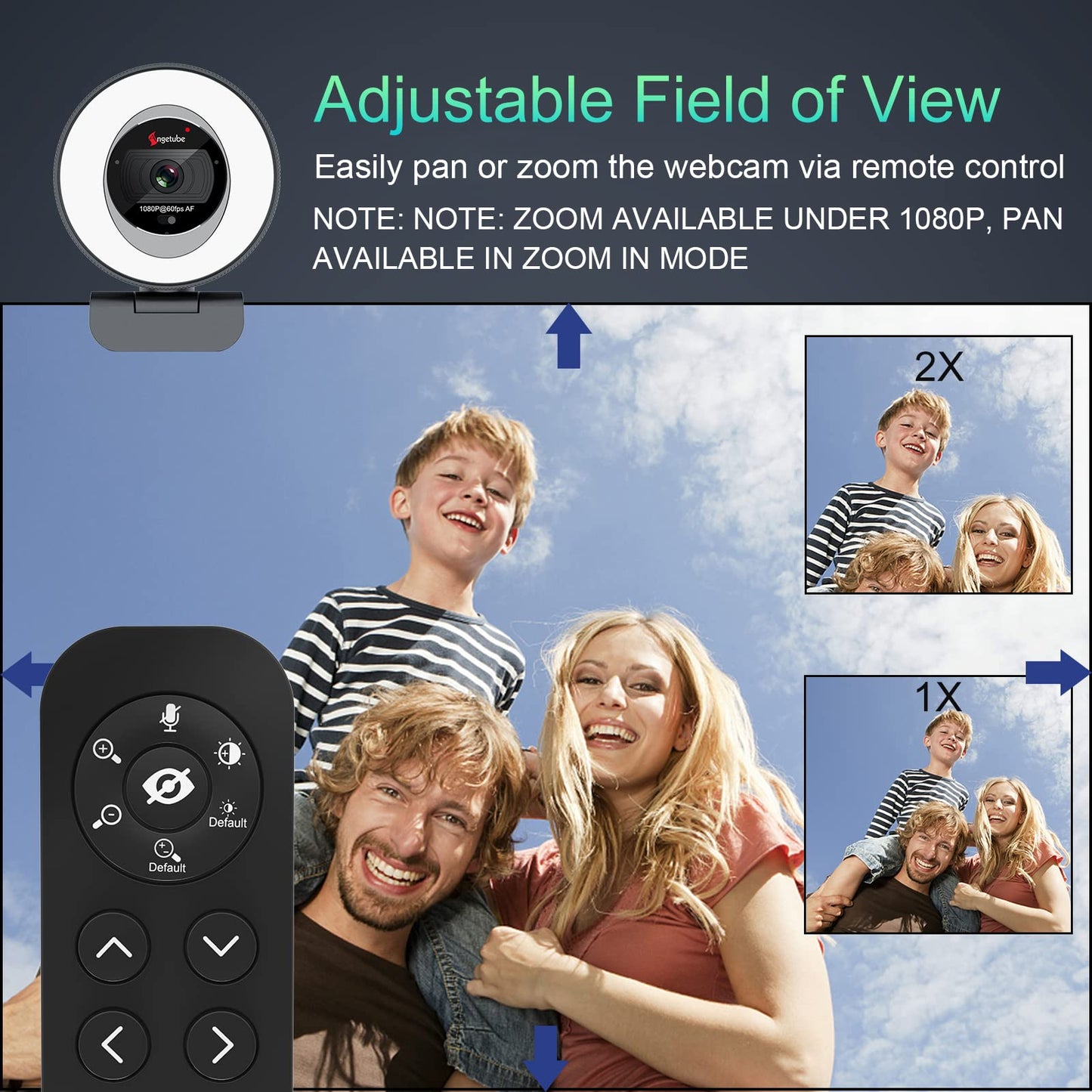 Angetube 1080P 60FPS Webcam, Streaming Webcam with Ring Light Web Camera with Microphone 5X Digital Zoom Remote Control Include, Built-in Privacy Cover for PC, Computer, Loptop, Mac, Windows 11