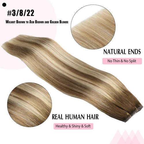 SURNEL Haol Hair Extensions Real Human Hair Balayage Walnut Brown to Ash Brown and Golden Blonde Remy Invisible Wire Hair Extensions14 inch 65g(14,3/8/22)