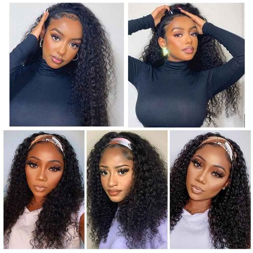 NICMISS Deep Wave Headband Wig Human Hair 22 Inch Curly Headband Wigs for Black Women Human Hair Glueless None Lace Front Wig Brazilian Virgin Hair Wear and Go Wigs 150% Density Natural Black Color