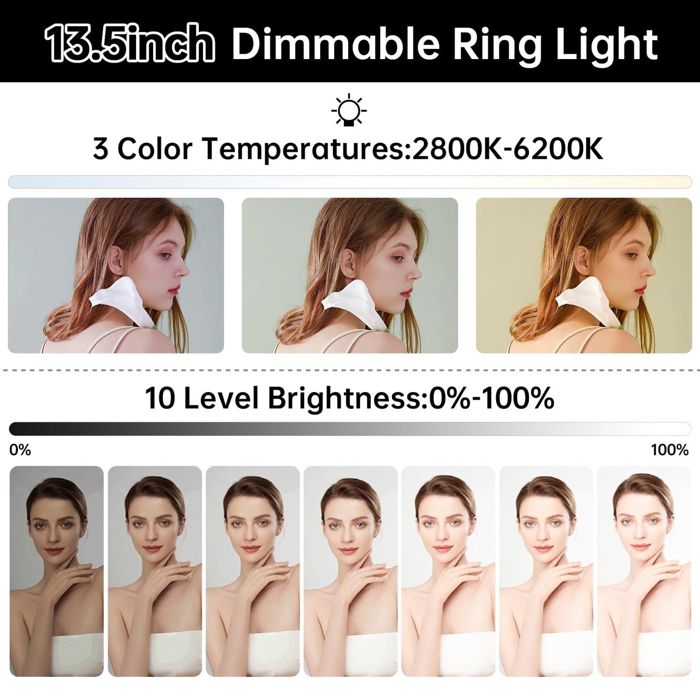 13.5 Inch Full Screen Ring Light with 55 Inch Adjustable Tripod Stand, LED Selfie Ring Light for Video Recording, Facial Makeup, Live Streaming, Compatible with Phones, Cameras Webcams