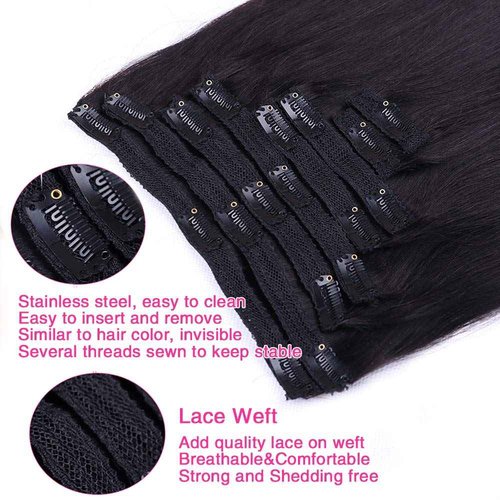 Straight Human Hair Clip in Hair Extensions for Black Women 100% Unprocessed Full Head Brazilian Virgin Hair Natural Black Color,8/Pcs with 18Clips,120 Gram (24inch, Straight hair)