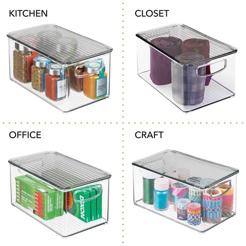mDesign Deep Plastic Bathroom Storage Bin Box, Lid/Built-in Handles, Organization for Makeup, Hair Styling Tools, Toiletry Accessories in Cabinet, Shelves, Ligne Collection, 4 Pack, Clear/Smoke Gray