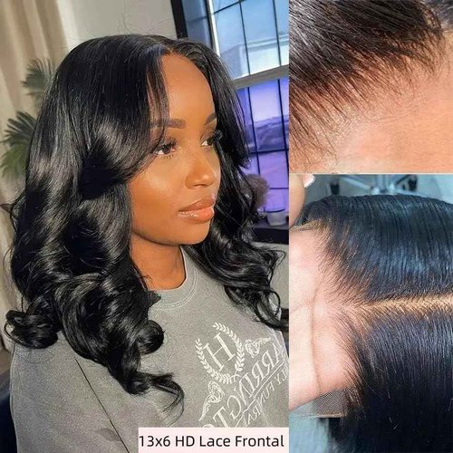 Caijuxing 16 Inch Bob Wig Human Hair 13x6 HD Lace Frontal Wig 220% Density Body Wave Lace Front Wigs Human Hair Pre Plucked Bob Wigs for Women Natural Black