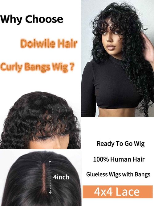 Doiwile Curly Wig with Bangs Human Hair for Black Women 4x4 HD Lace Closure Wigs Human Hair long Black Wig with Bangs Glueless Wigs Human Hair 22inch