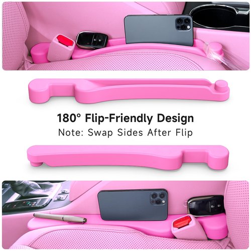 Car Seat Gap Filler Set of 2, Soft Foam Multifunctional Seat Side Gap Filler with Organizer & Hook Function, 3in1 Gap Stopper Universal Fit Car SUV Truck Fill The Gap Between Seat & Console（Pink）