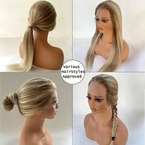 Ash Blonde Highlights Wig Ash Brown Rooted Balayage Ash Blonde Highlighted Lace Front Wigs Human Hair Pre Plucked 13x4 HD Lace Frontal Human Hair 16 Inch 180% Density Highlights Wigs for White Women