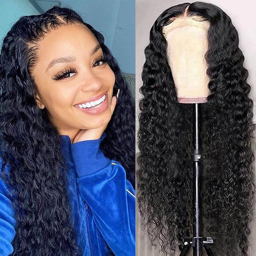 13x4 Deep Wave Human Hair Lace Front Wigs for Black Women Brazilian Virgin Human Hair Deep Curly Lace Front Wigs with Baby Hair Pre Plucked Bleached Knots Natural Color 180% Density 16 Inch