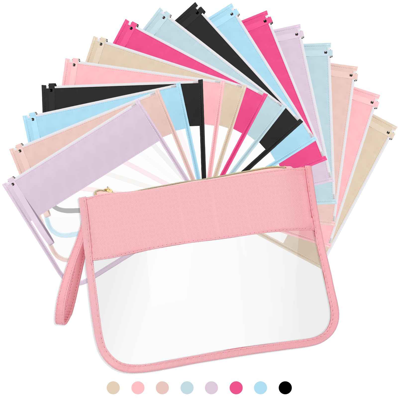 Irenare 16 Pcs Clear Makeup Bag Toiletry Flat Zipper Pouch Preppy Waterproof Clear Cosmetic PVC Pouch with Wristlet Toiletry DIY Chenille Letter Snack Bag for Women(Multi Colors)