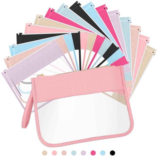 Irenare 16 Pcs Clear Makeup Bag Toiletry Flat Zipper Pouch Preppy Waterproof Clear Cosmetic PVC Pouch with Wristlet Toiletry DIY Chenille Letter Snack Bag for Women(Multi Colors)