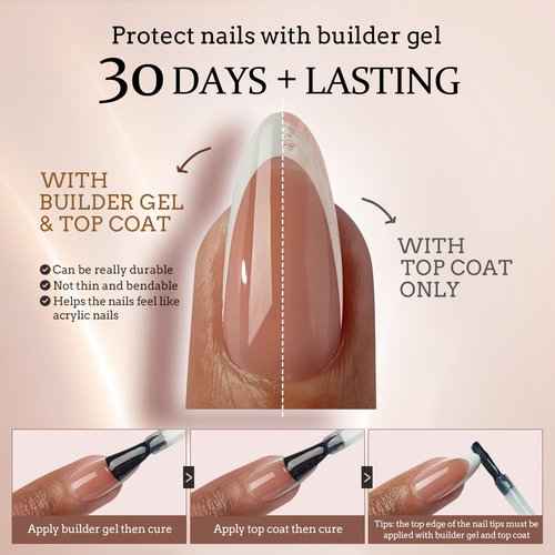 BTArtboxnails French Gel Nail Tips - French Tip Press on Nails Brown Short Almond 3 in 1 X-coat Tips Pre-applied Tip Primer & Base Coat, No Need to File Fake Nails for Nail Art DIY