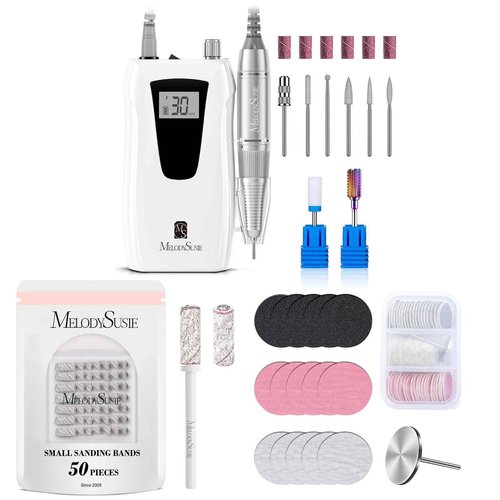 MelodySusie Professional Nail Drill 30000RPM with 50 Pcs Small Sanding Bands and 60 Pcs Replacement Sandpaper Discs