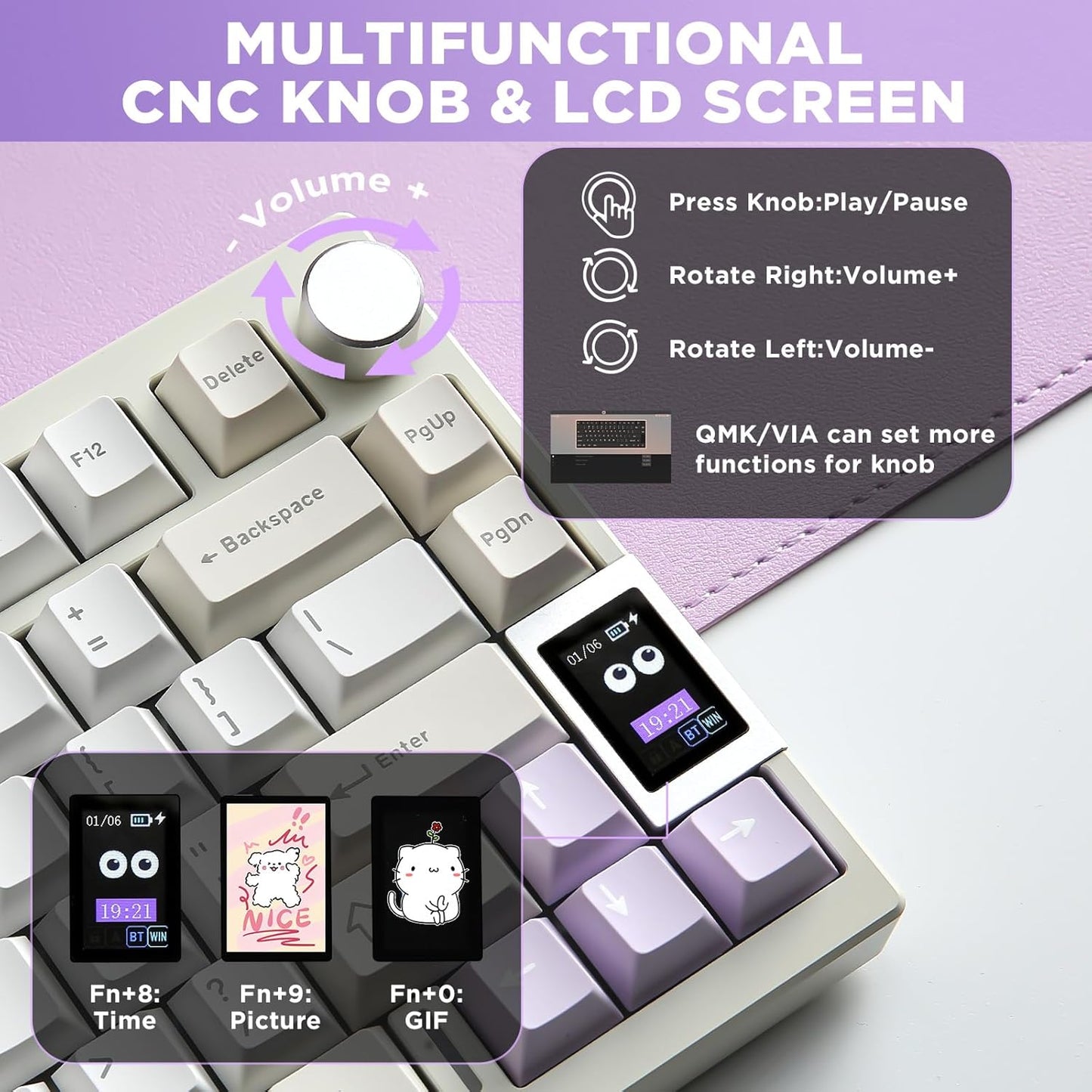YUNZII AL80 Wireless Mechanical Keyboard,Full Aluminum CNC, Smart LCD Display,Hot Swappable Gasket Mount 75% Layout with Knob,BT/2.4G/USB-C,QMK/VIA Support for Win/Mac (Silver, Cocoa Cream V2 Switch)