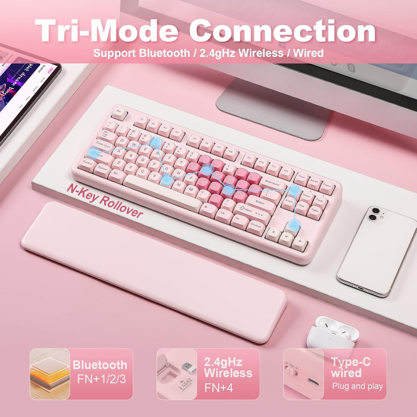 YUNZII B87 Wireless Mechanical Keyboard,QMK/VIA Programmable,TKL Layout 87 Keys,BT/2.4G/USB-C,Hot Swap Gasket Mount RGB Backlit Gaming with Wrist Rest for Win/Mac(Purple, Cocoa Cream V2)