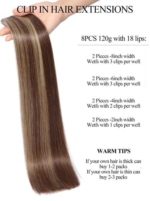 Seamless Clip in Hair Extensions Real Human Hair 8pcs/105g Straight Hair Extensions Clip ins for Women Brazilian 100% Full Virgin Human Hair(20 inch #4P/27)