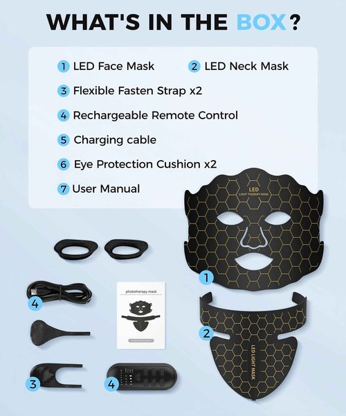 Yahi Red Light Photon Facial & Neck MASK with Remote Control, 7 Custom Modes with Infrared, Portable & Rechargeable with Timer for Home Use,175 High-Density Light Beads, Black
