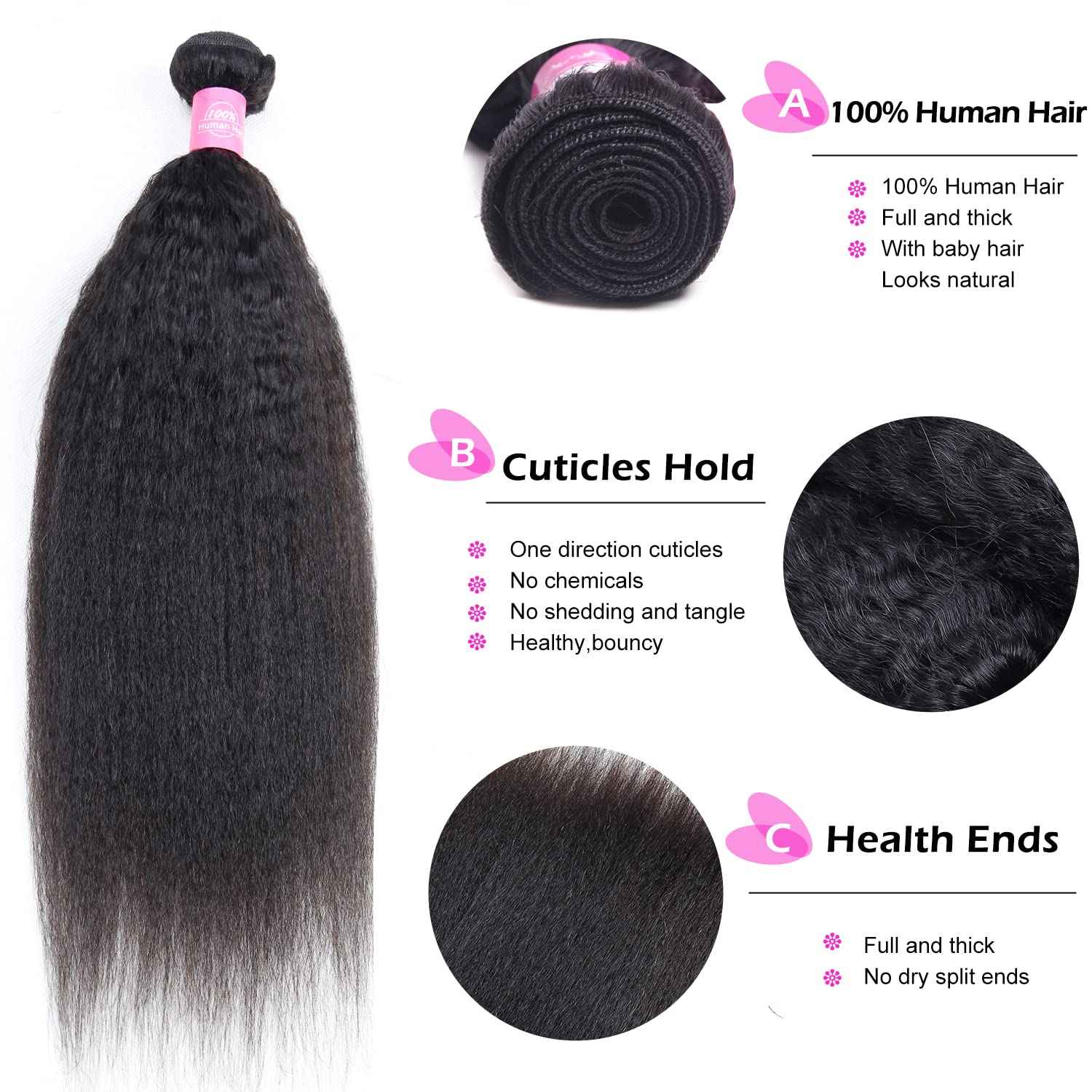 Kinky Straight Bundles with Closure Yaki Kinky Straight Human Hair 3 Bundles with 4x4 Lace Closure Unprocessed Brazilian Virgin Human Hair Weave Extensions Natural Color (14 16 18+12 closure)