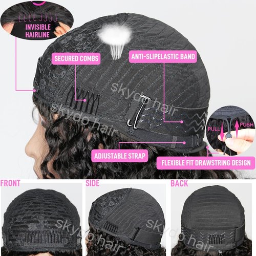 SKYDO Kinky Curly Half Wig Human Hair 250 Density 16inch Wear and Go Glueless Wigs Human Hair 3 in 1 Half Wigs for Women Drawstring Seamless Flip Headband Wig Beginner Friendly