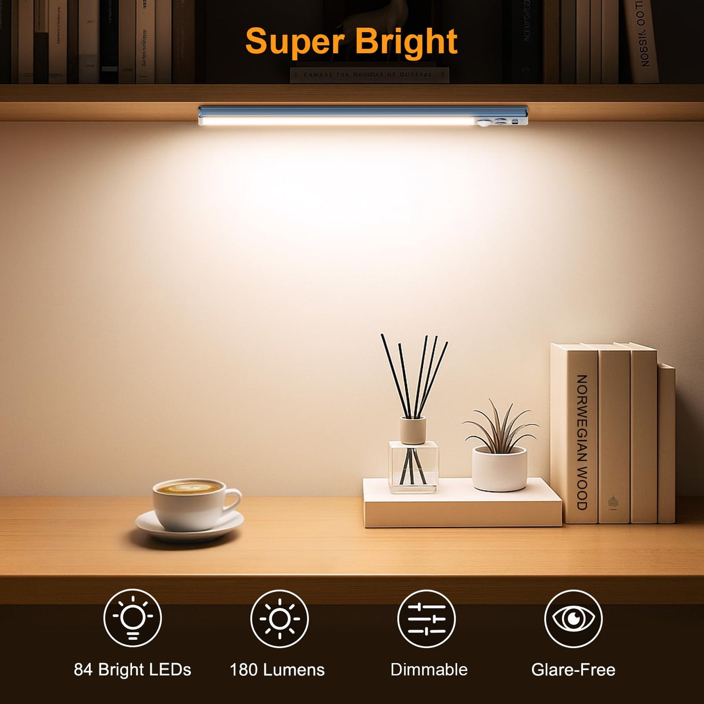 Gritin 10.2inch Under Cabinet Lighting Rechargeable -84 LED Super Bright,3-Color& 5 Level Brightness,4 Modes,Motion Sensor, Long Lasting- Easy Installation Magnetic Closet Lights -2 Pack-Sea Blue