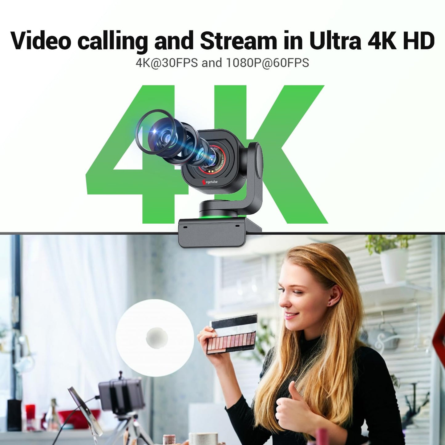 Angetube TrackCam, 4K Webcam for PC, AI Tracking PTZ Streaming Web Camera with Remote, USB 3.0, Gesture Control, HDR, Microphones, TOF Autofocus 1080P 60FPS for Desktop Computer/Laptop/Video Call