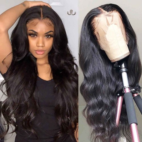 FASCARA 13x4 Body Wave Lace Front Wigs Human Hair For Women HD Transparent Lace Frontal Wigs Human Hair Pre Plucked With Baby Hair 180% Density 9A Glueless Natural Black 22 inch