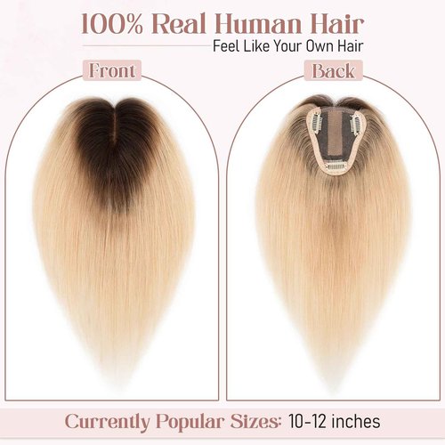 Hairro Human Hair Toppers Real Hair, Clips in 100% Human Hair Hairpieces for Women, 3.15"x3.94" Silk Base for Thinning Hair/Hair Loss/Covering Greyish Hair on Top, 12 Inch Bleach Blond with Black Root