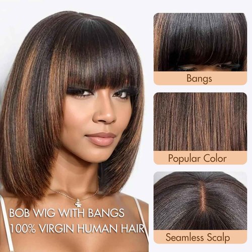 FFEGG Bob Wig with Bangs Human Hair Glueless HD Lace Straight Short Bob Wig with Brown Highlights, Ready to Go Short Wigs For Women （12 Inch bob wig）