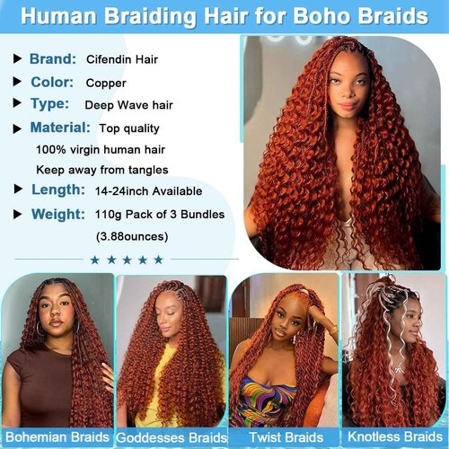 CIFENDIN Human Braiding Hair For Boho Braids 18 Inch 110g Deep Wave Bulk Human Hair for Braiding Knotless 12A 100% Brazilian Virgin Hair Extensions Bulk Bohemian 3 Bundles Color Copper